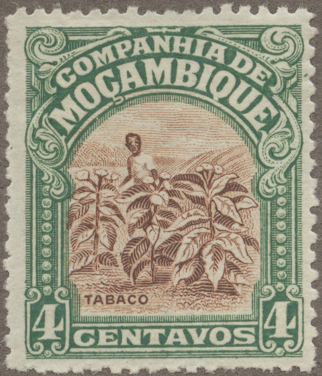 Frimärke ur Gösta Bodmans filatelistiska motivsamling, påbörjad 1950.
Frimärke från Mosambique, 1921. Motiv av tobaksskörd.