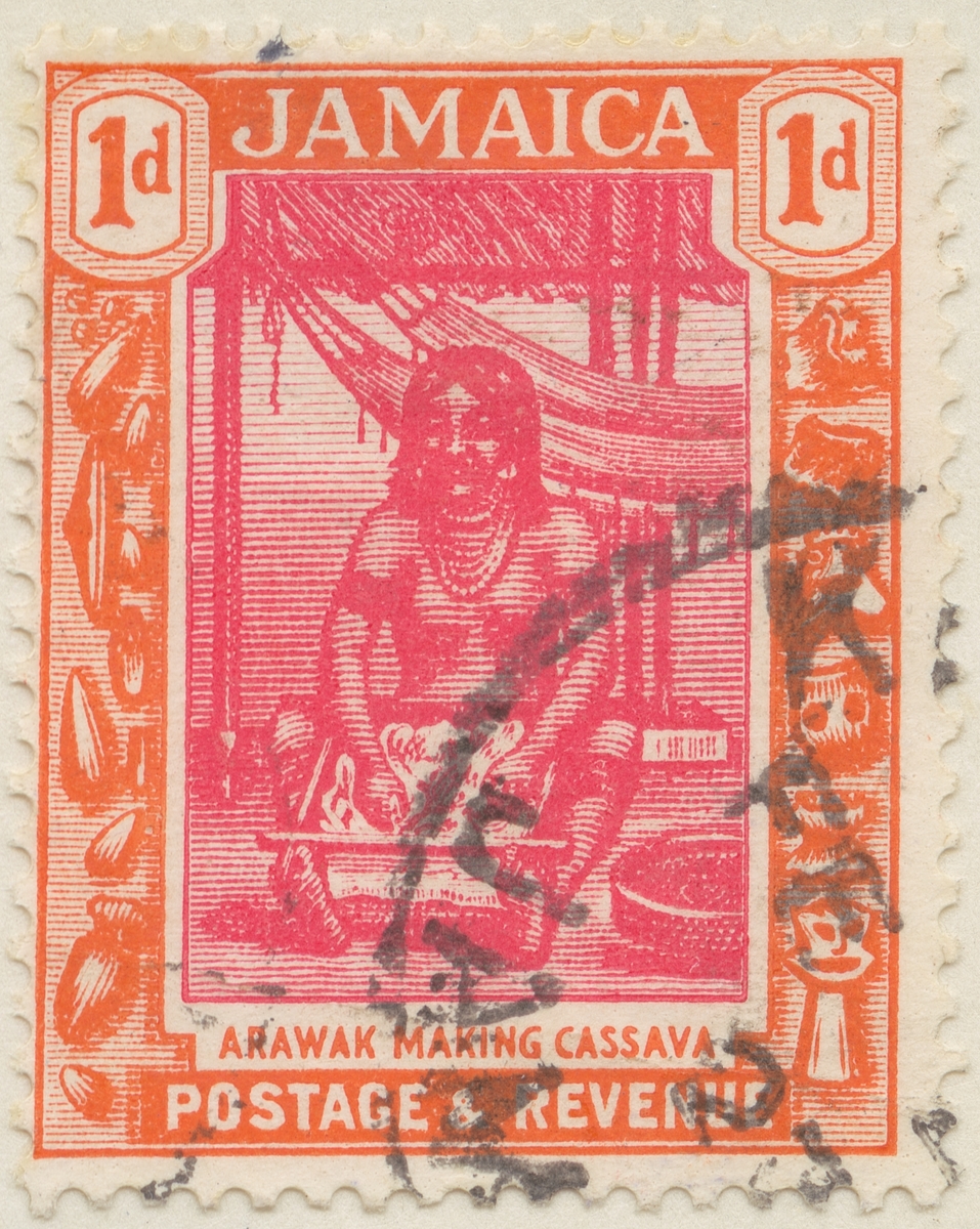 Frimärke ur Gösta Bodmans filatelistiska motivsamling, påbörjad 1950.
Frimärke från Jamaica, 1920. Motiv av tillverkning av cassava. "Aravakiska".