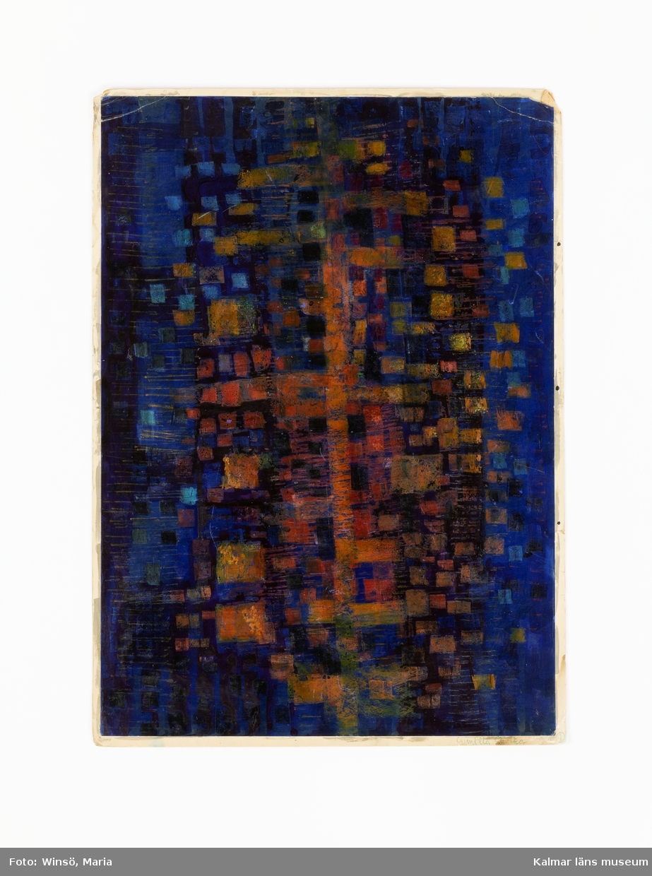Mönster inspirerat av en skyskrapa med små kvadrater i orange, gult, grönt, blått, på blå bakgrund. Titel: "SKYMAST".