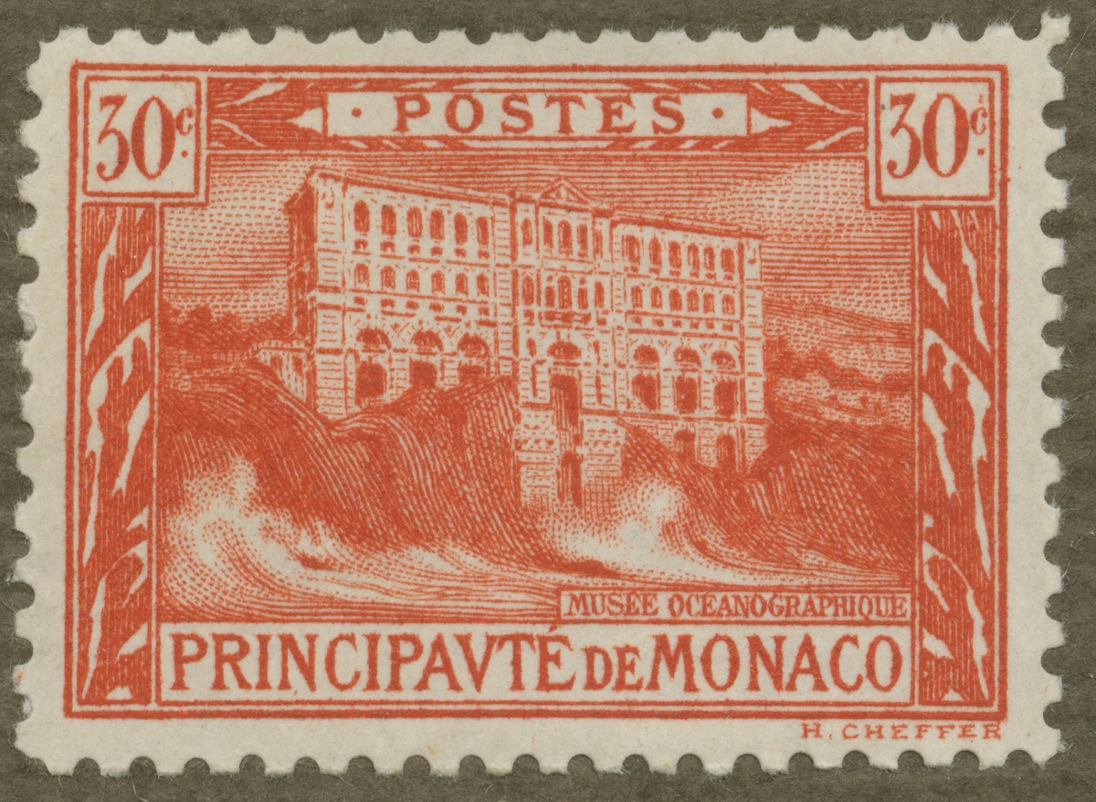 Frimärke ur Gösta Bodmans filatelistiska motivsamling, påbörjad 1950.
Frimärke från Monaco, 1922. Motiv av Oceanografiska Museet i Monaco.