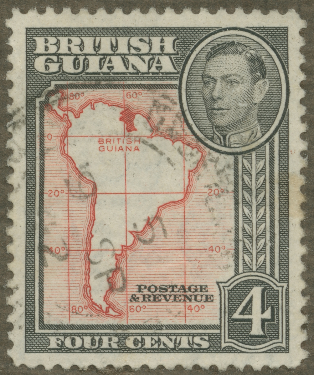 Frimärke ur Gösta Bodmans filatelistiska motivsamling, påbörjad 1950.
Frimärke från Brittiska Guiana, 1938. Motiv av Sydamerikas karta med Brittiska Guiana.