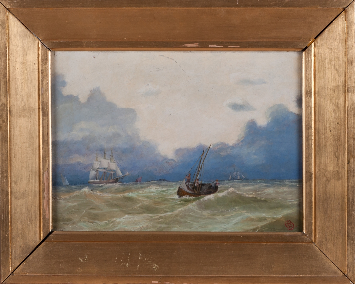 Oljemålning, marin med ångare och flera segelfartg vid horisonten.