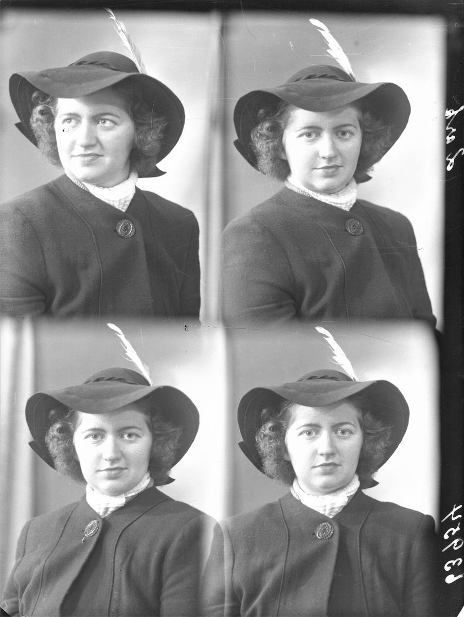 Portrett. Ung mørkhåret kvinne i mørk vinterfrakk, bredbremmet hatt med fjær og lyst halstørkle.  Bestilt av Edith Berg. Sundgt. 148