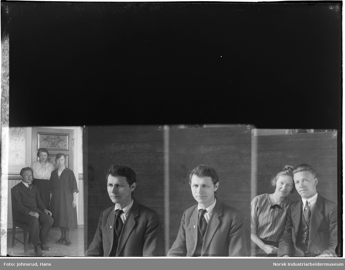 Fire portretter fra Sagavoll ungdomskole. Første bilde fra høyre er av to kvinner stående og en sittende mann. Neste to portretter av av samme mann sittende. Siste bilde er portrett av kvinne og mann sittende.