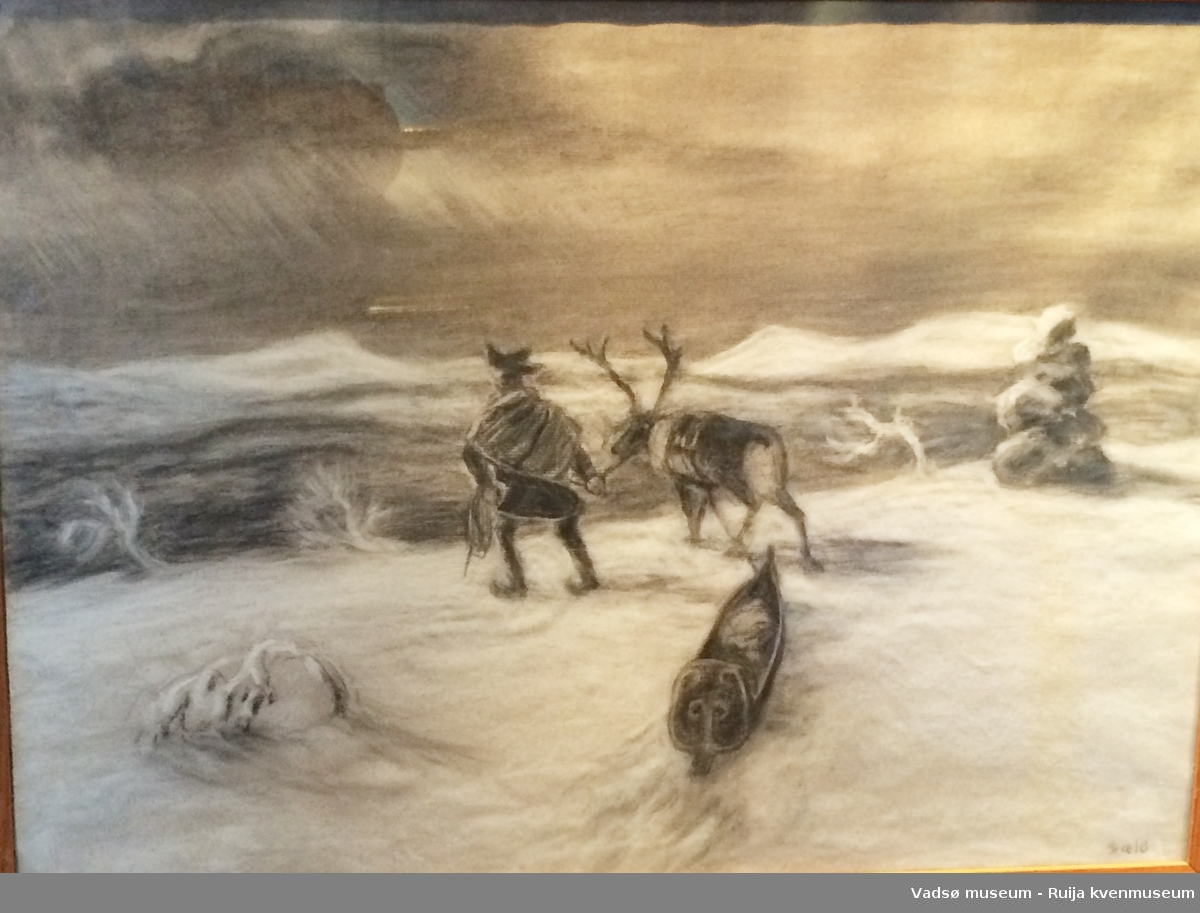 Kvinne og mann med reinsdyr og pulk på vinterfjellet.