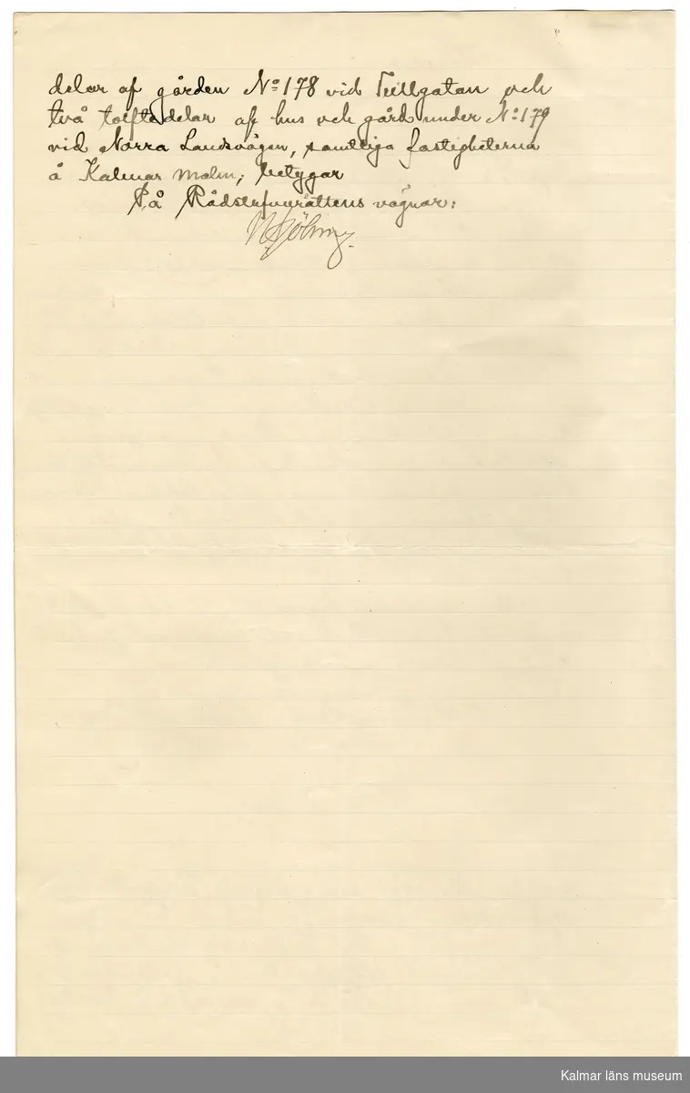 KLM 46339:14. Arkivhandling, köpebrev. Maskinskriven text på vitt papper, två sidor. På förstasidan tre frimärken.
