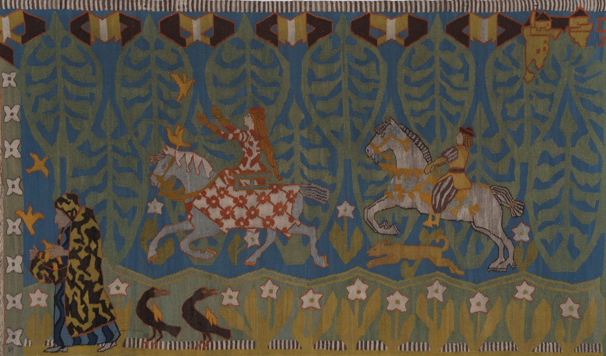 Motivet kan være basert på eventyret "Gullfuglen" av Asbjørnsen og Moe, isåfall viser scenen den yngste prinsens tilbakekomst fra trollene sammen med jomfruen, hesten og gullfuglen.