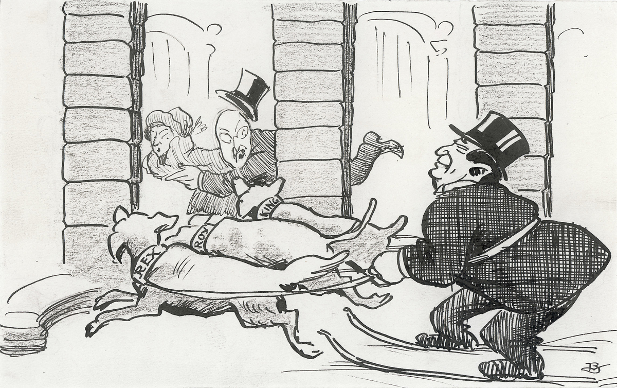 karikatur, mann, episode.
Johanne Dybwad og Halfdan Christensen flykter fra hundene Rex, Roy og King  som føres av Carl J. Hambro.