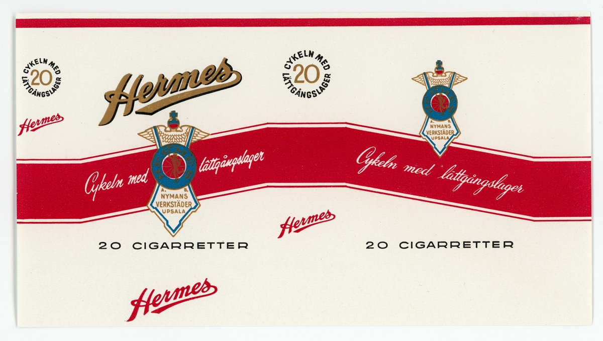 Cigarettetikett med Hermes-märke av papper, flerfärgstryck.
