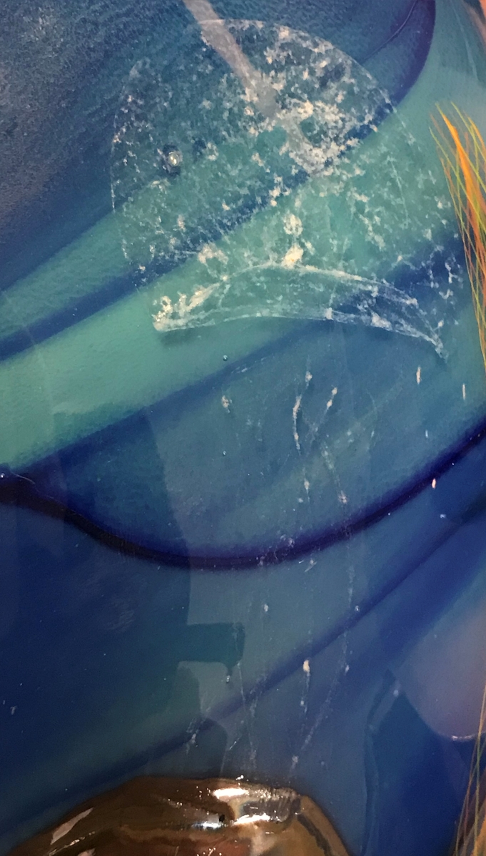 Organiskt formad vas i blått glas med havsmotiv i form av skulpterade och invälsade maneter, sjögräs och snäckor. Överst en vit mynningsrand. Två av maneterna och vissa av snäckorna  är formade av glas som reagerar på uv-ljus.