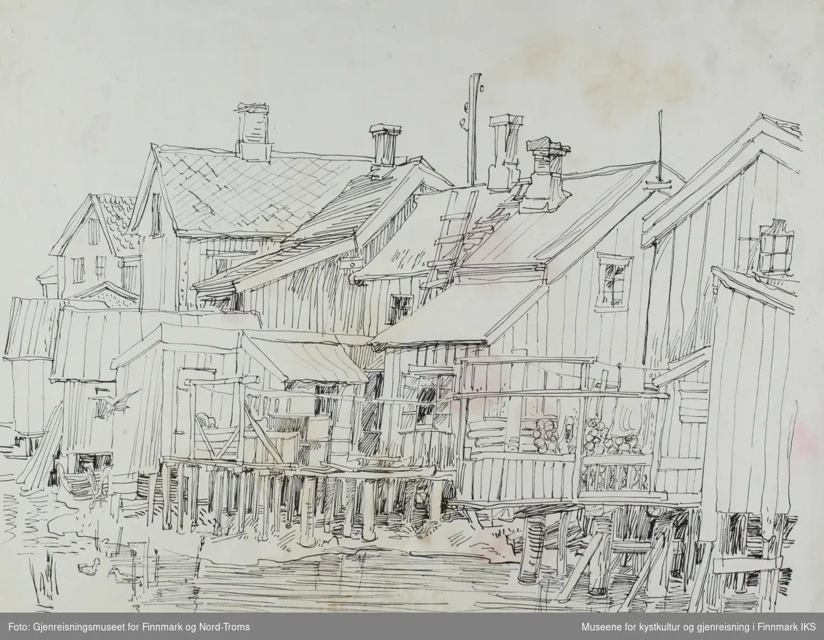 Tegningen viser trolig bygninger ved kai i Mosjøen.