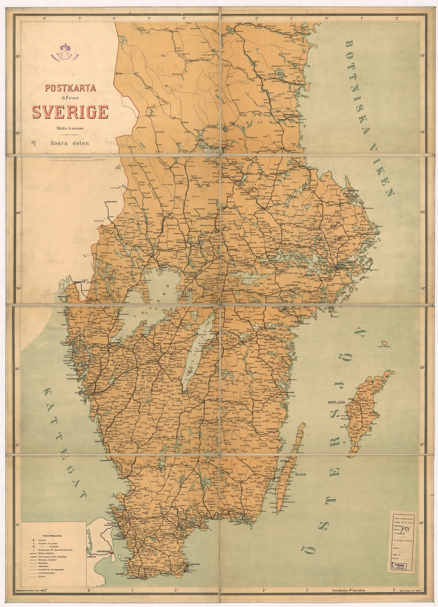 Postkarta över Sverige. Södra delen.