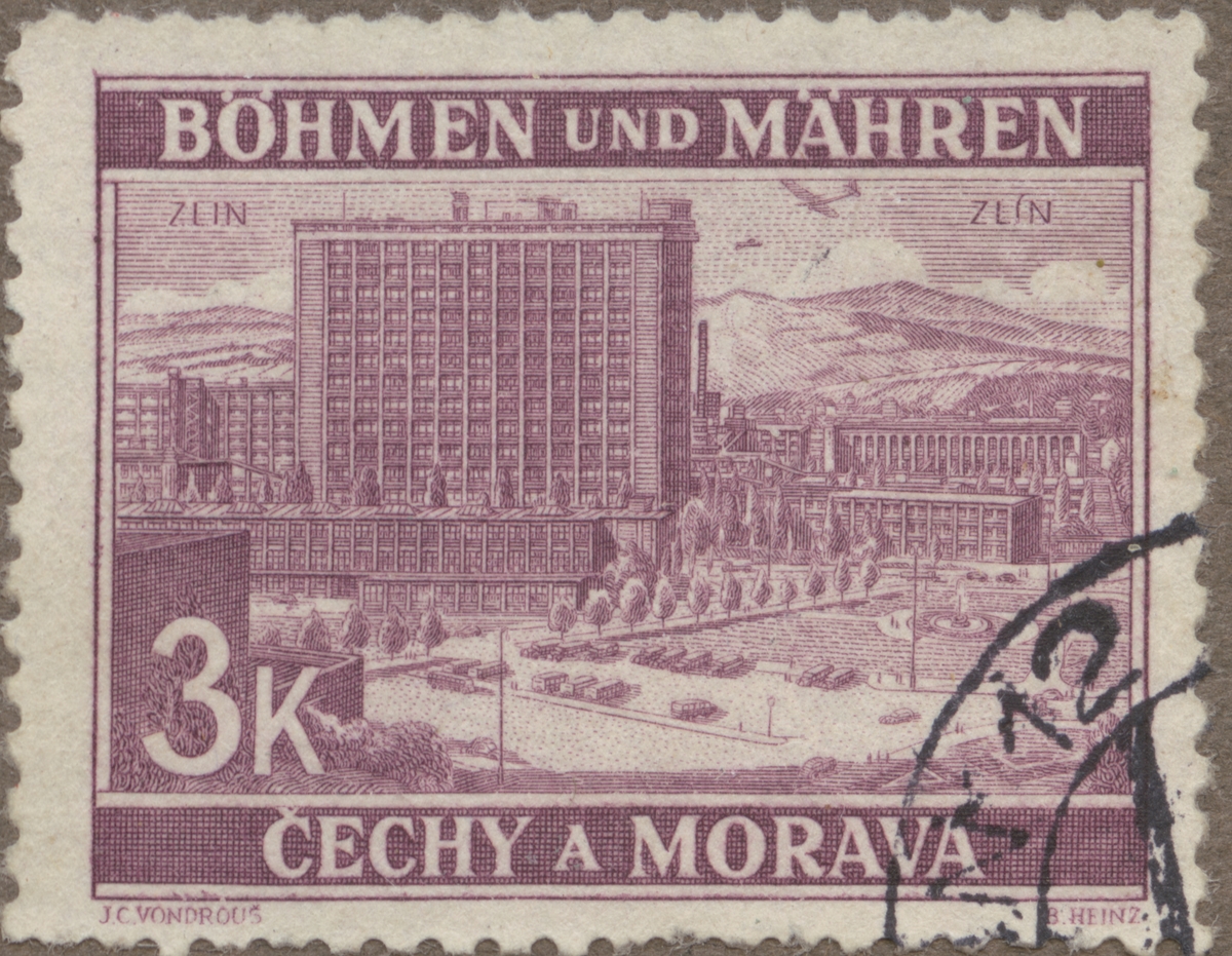 Frimärke ur Gösta Bodmans filatelistiska motivsamling, påbörjad 1950.
Frimärke från Böhmen-Mähren, 1939. Motiv av Bataverken. Skofabrik i staden Zlin, 1939.