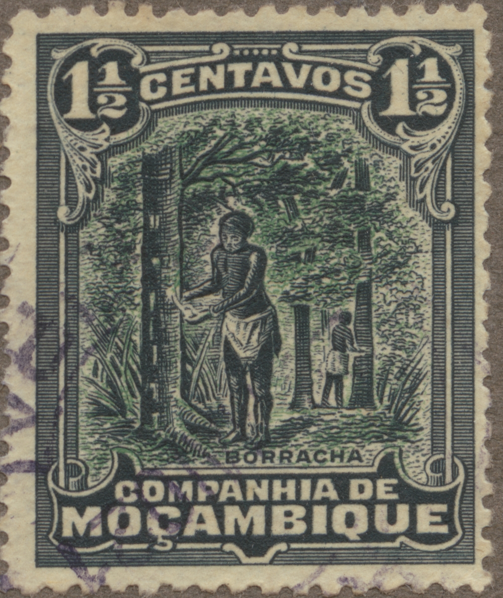 Frimärke ur Gösta Bodmans filatelistiska motivsamling, påbörjad 1950.
Frimärke från Mocambique Kompaniet (Ostafrika) 1918. Motiv av gummitappning.