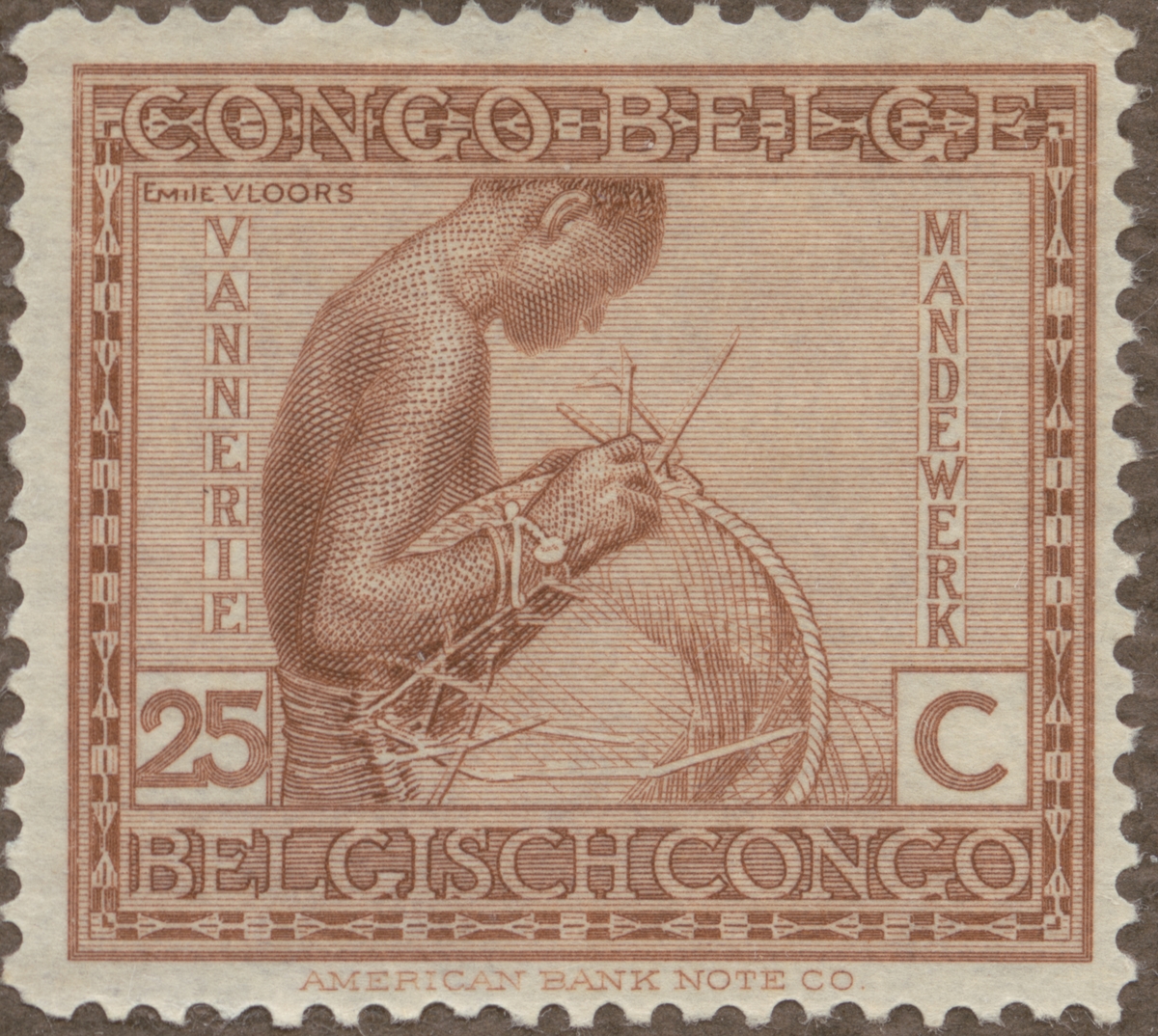 Frimärke ur Gösta Bodmans filatelistiska motivsamling, påbörjad 1950.
Frimärke från Belgiska Congo, 1923. Motiv av korgflätning.