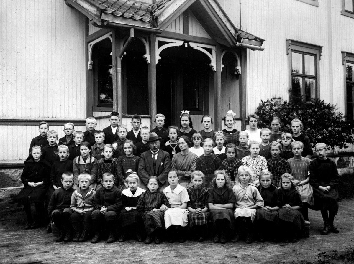 Torgerstuen skole 1922-1923.
Elever og lærere: O.H. Haugen og Anne Mellum i midten.