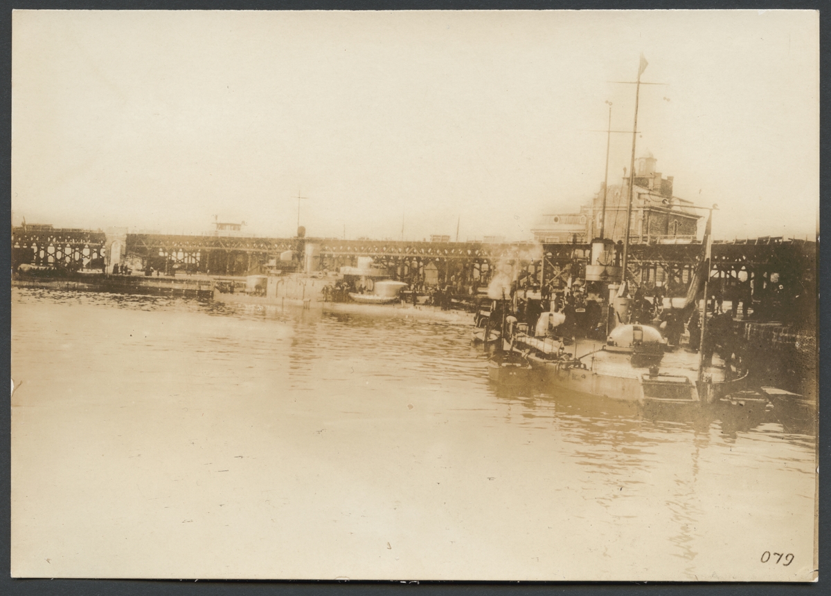 Bilden visar hamnbassängen i Odessa med ett flertal örlogsskepp som ligger förtöjda vid kajen. I bakgrunden syns en stor träbro.

Originaltext: "Krigsskepp, tillhörande K. K. Donau-flottiljen i Odessas hamn."