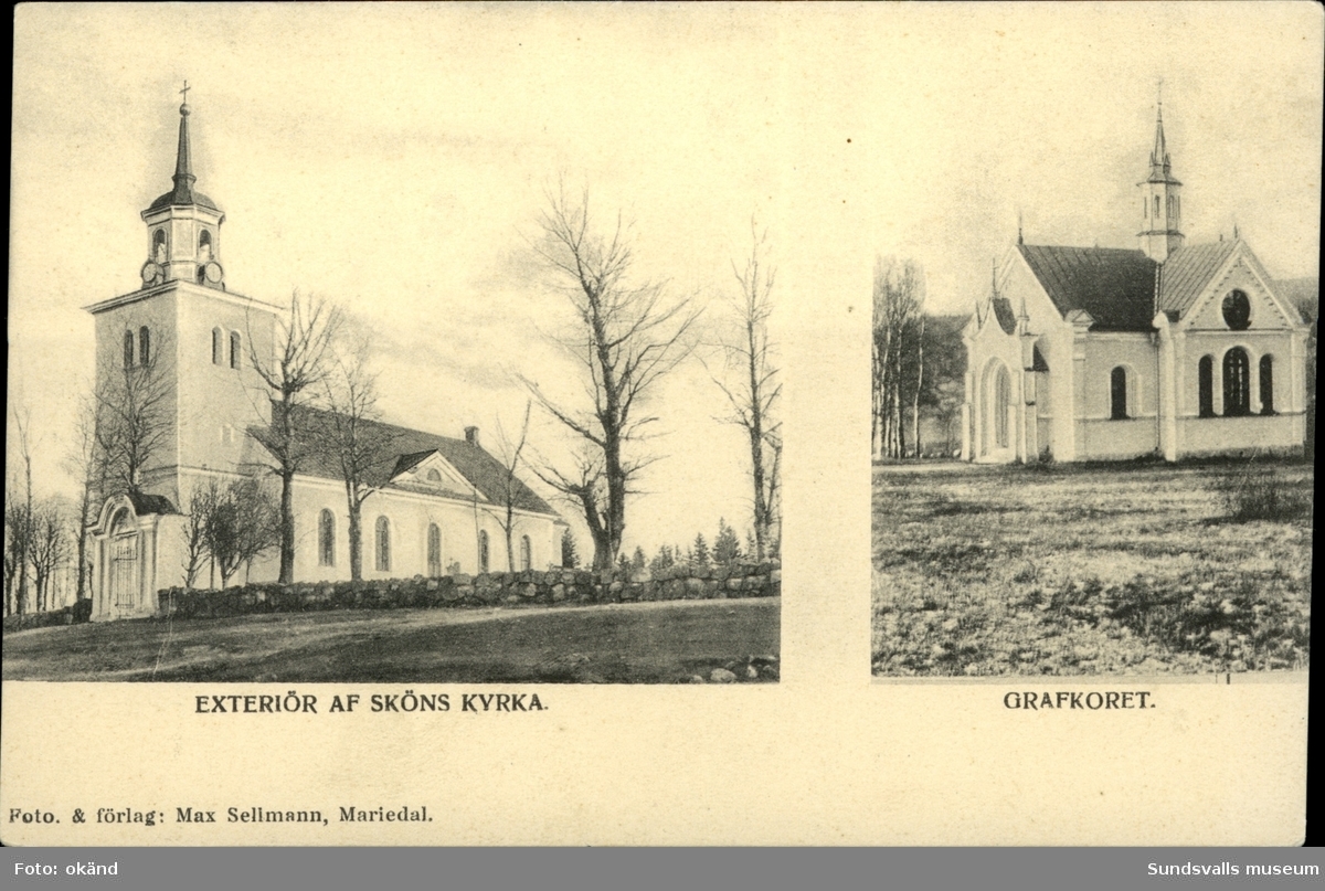 Vykort med motiv över Sköns kyrka och gravkor.