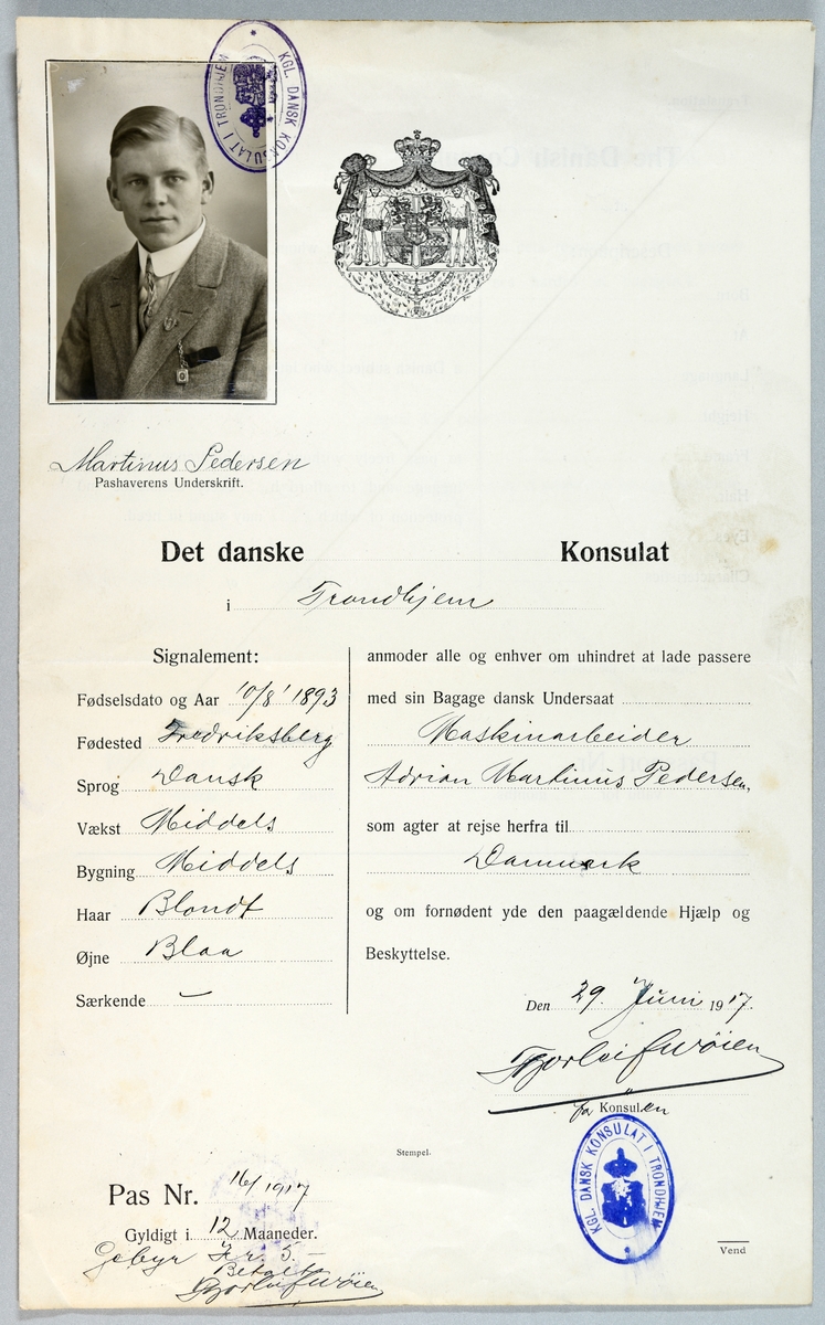 Et pass som er utstedt til Martinus Pedersen av Det danske Konsulat i Trondhjem i 1917. Passet er trykt og det fyllt inn med personalia for hånd. Øverst til venstre er det et bilde av Martinus Pedersen. Passet har en engelsk, en fransk og en tysk side. Disse sidene er ikke fyllt ut (overstreket).