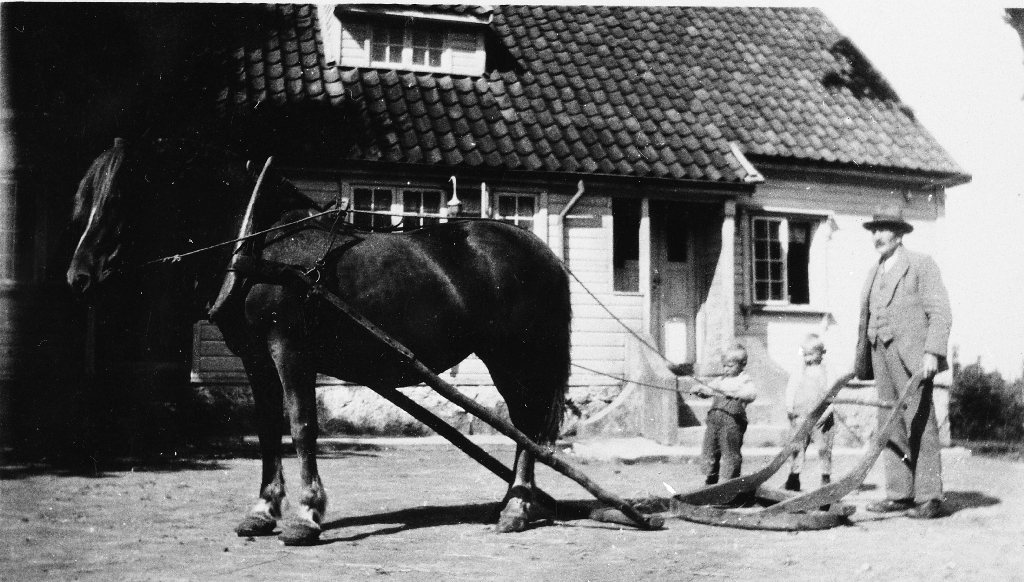 Vegskrape som Gabriel Njå har laga. Den er laga av kjerrehjulband som skjær. Ved skrapa står Ola Abelson (1863 - ) frå Høyland sokn og budde på Eikeland. Guten med hestetaumane er Nils Njå (1927 - ), den andre er olav Njå (1926 - 2017)