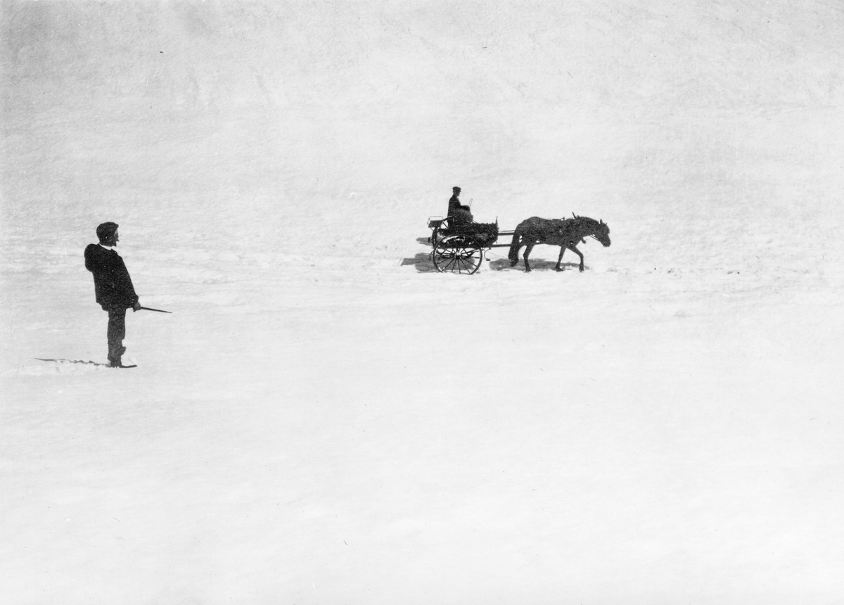 Med hest og karjol på snøføre over Røldalsfjellet.