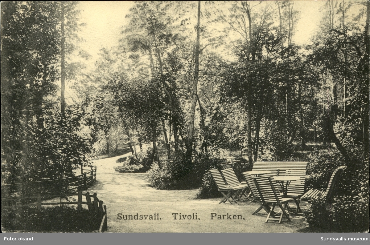 Vykort med motiv över parken vid Tivoli i Sundsvall.