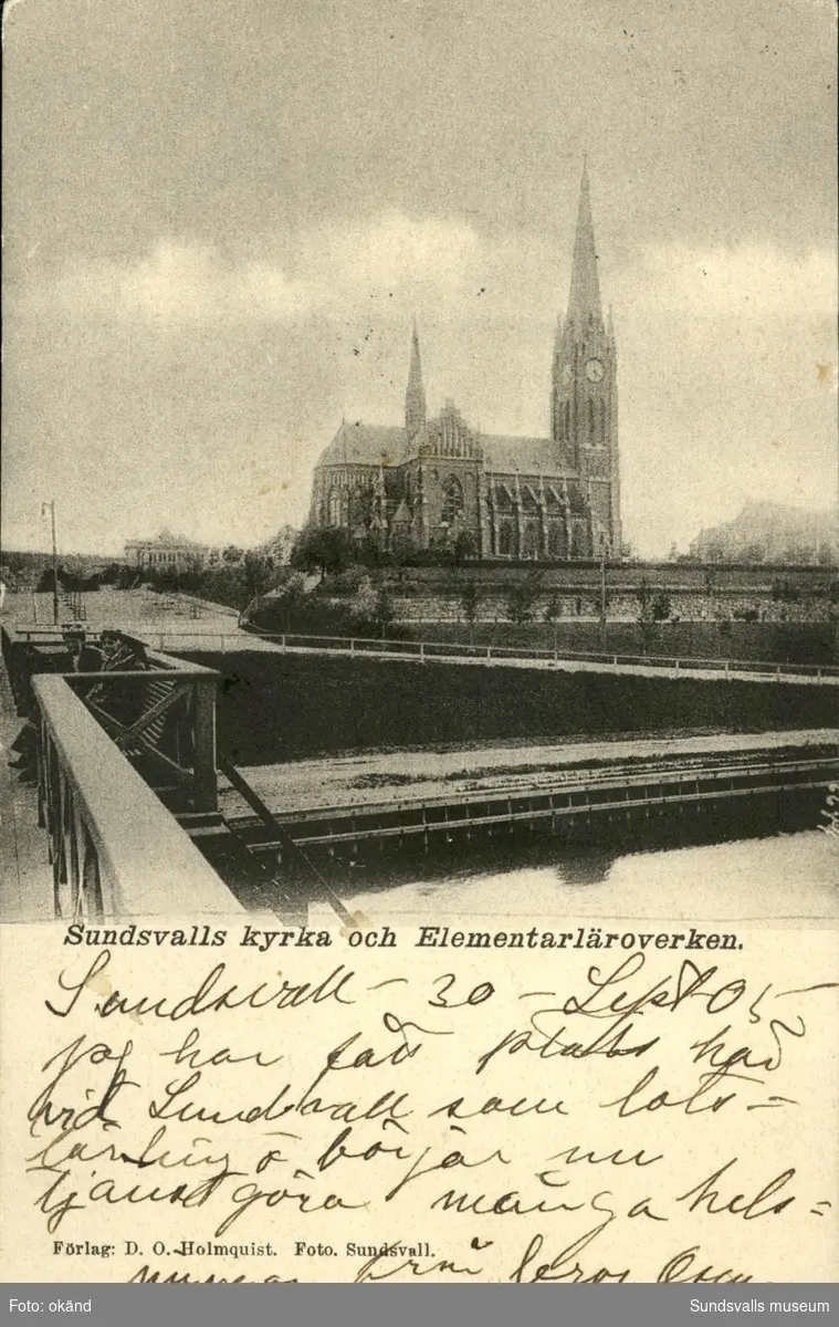 Vykort med motiv över Gustav Adolfs kyrka och Storbron.