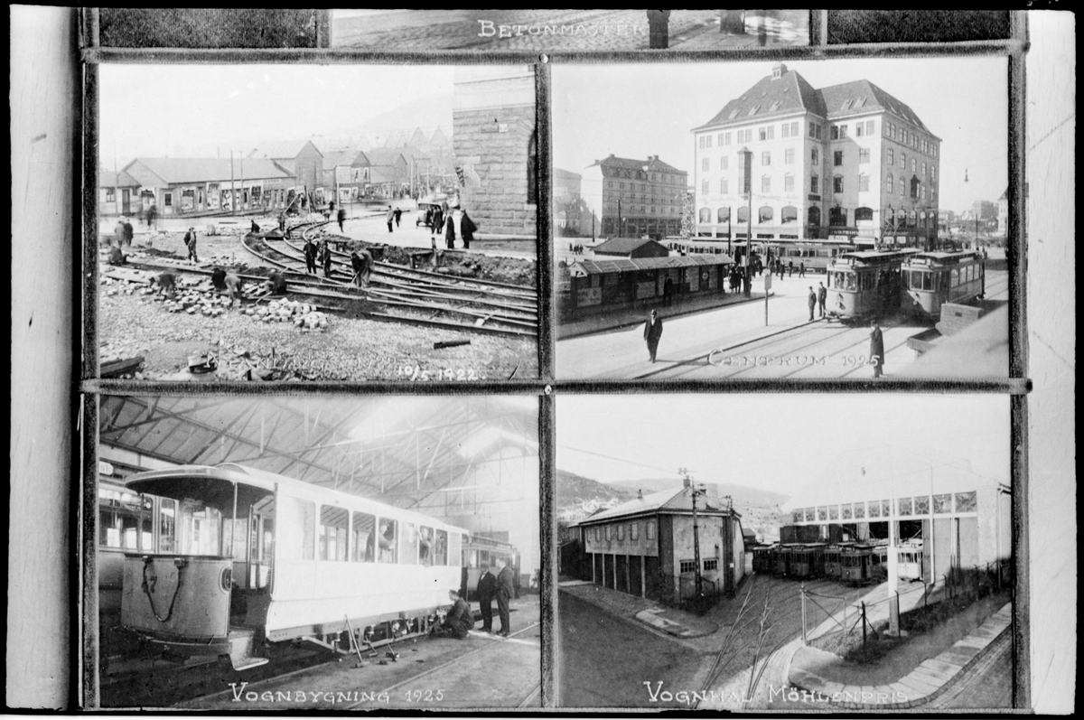 Bilden överst till vänster: Nyanläggning av spårväg i Bergen den 10 maj 1922.
Bilden överst till höger: Bergen Sporvei Aktieselskabet, BS spårvagnar på torget i centrum år 1925.
Bilden nederst till vänster: Bergen Sporvei Aktieselskabet, BS spårvagn 46 och 47 under sammanbyggning till släpvagn i vagnhall år 1925.
Bilden nederst till höger: Vagnhallen i Möhlenpris i Bergen år 1925.