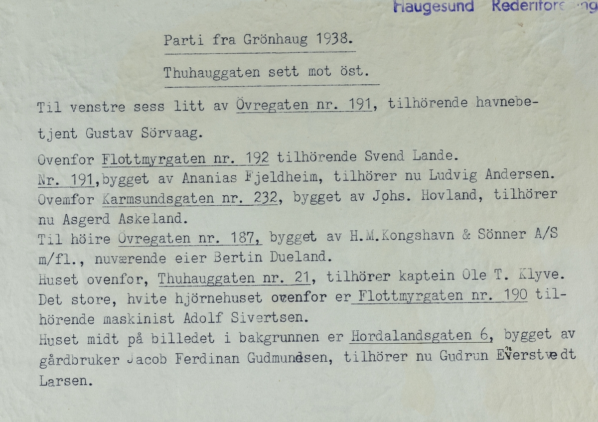 Parti fra Grønhaug, 1938.
Thuhauggata sett mot øst.