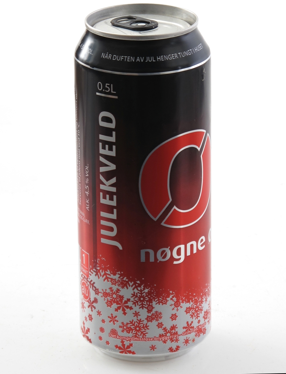 Rund boks av aluminium. Rød farge, Nøgne ø s "julekveld", produsert før jul 2015.