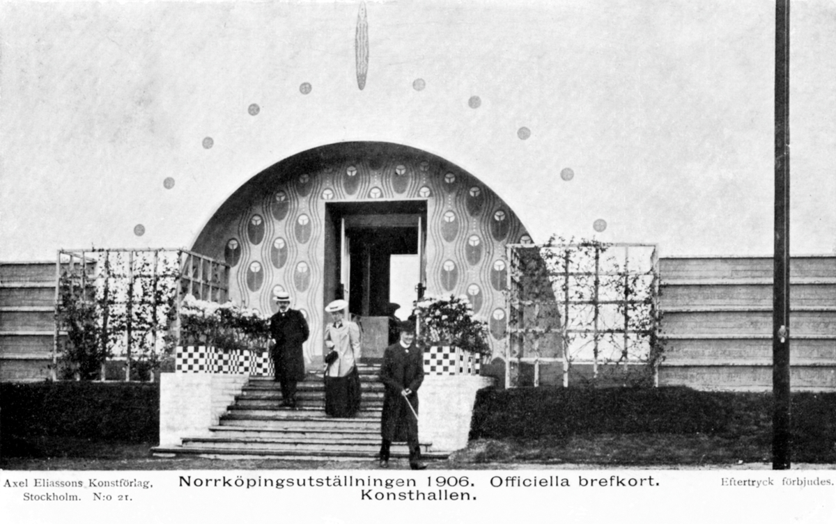 Vykort från konst- och industriutställningen i Norrköping 1906. Entrén till konsthallen som visade en samling av den nordisk samtidskonst.