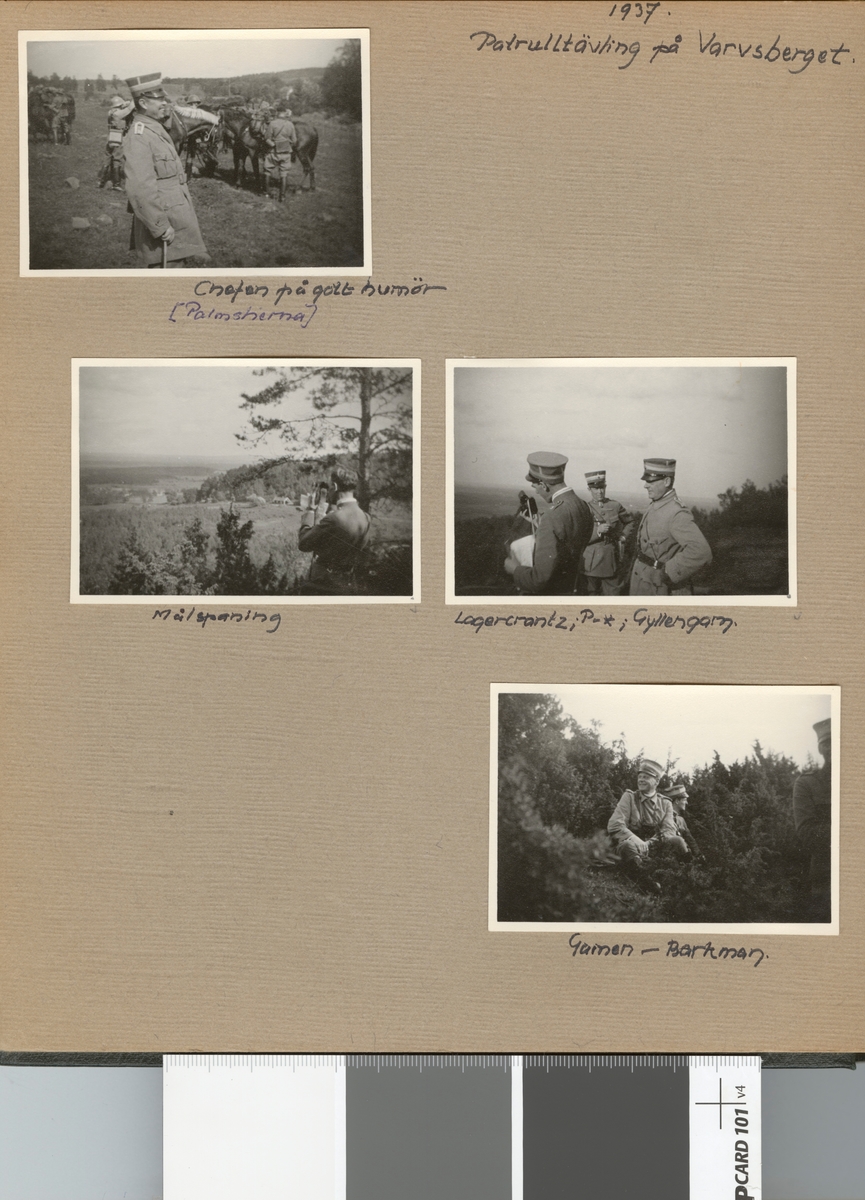 Text i fotoalbum: "Patrulltävling på Varvsberget, 1937. Lagercratz; Pl*; Gyllengahm".