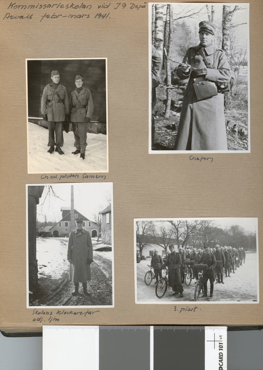 Text i fotoalbum: "Komissarieskolan vid I 9 Depå Axvall febr-mars 1941. Chefen".