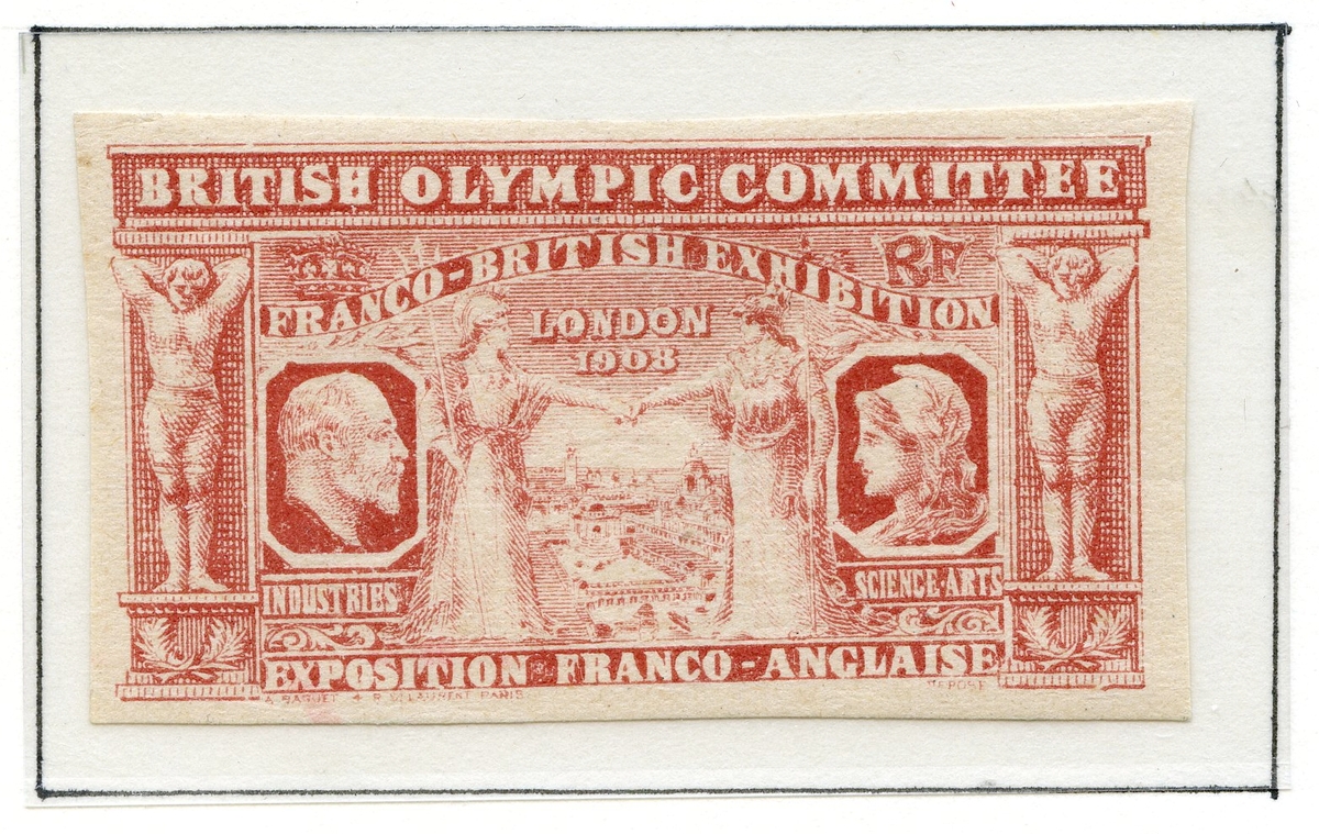 Fire frimerker montert på A4-albumside. Det første frimerket viser et portrett av Kong Edward VIII, og er stemplet i 1908. De tre andre frimerkene er rektangulære, liggende format i oransje, brunt og rødt, alle med samme motiv