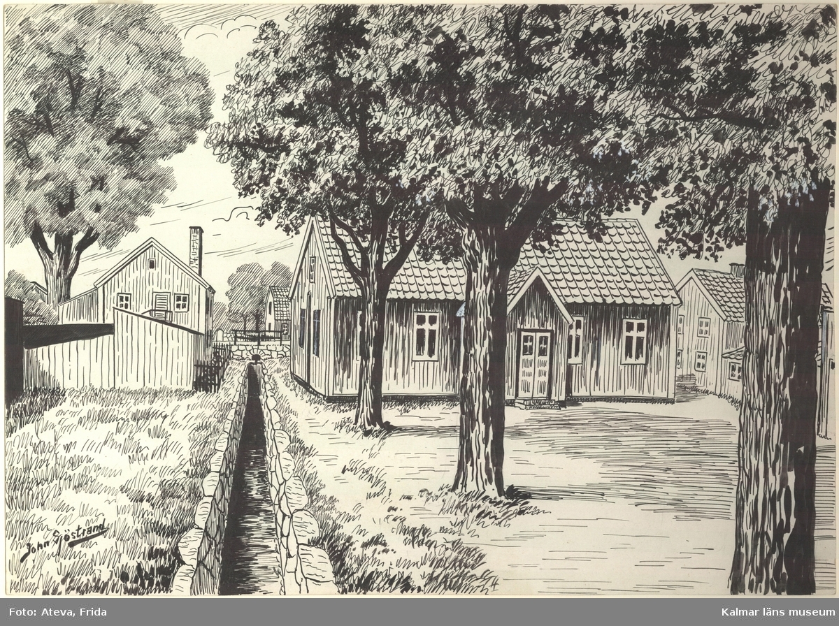 Söderströmska gården och Gamla slöjdskolan vid Norra vägen på Malmen på 1880-talet.
