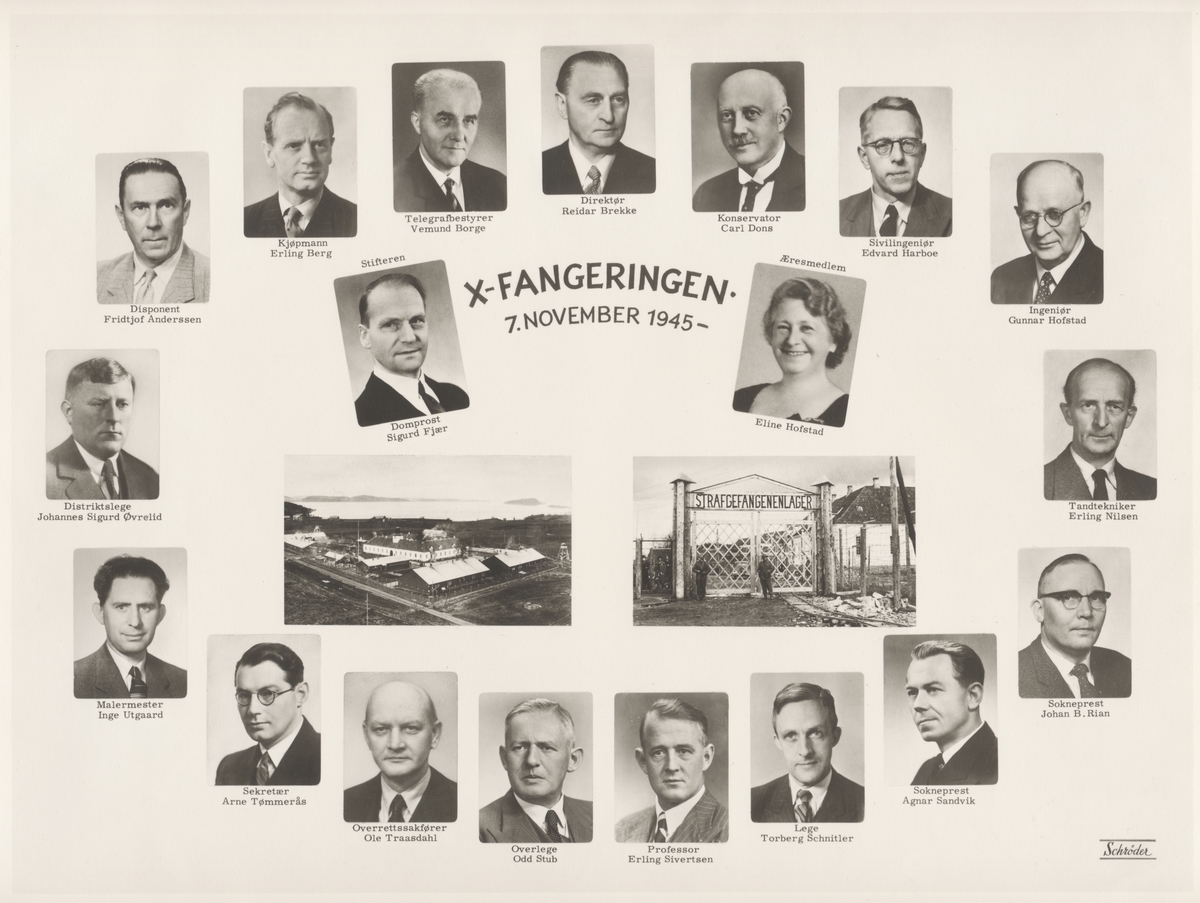 X-fangeringen 7. november 1945, Fotomontasje med bilder fra Falstad fangeleir og 19 portretter. De fleste avbildede var fanger på Falstad under 2. verdenskrig. Navnene er: Fridtjof Anderssen (disponent), Erling Michael Berg (kjøpmann), Vemund Borge (telegrafbestyrer), Reidar Brekke (direktør), Carl Dons (konservator), Edvard Harboe (ingeniør), Gunnar Hofstad (ingeniør), Johannes Sigurd Øvrelid (distriktslege), Sigurd Fjær (domprost, stifter av X-fangeringen), Eline Hofstad (æresmedlem), Erling Nielsen (tanntekniker), Inge Utgaard (malermester), Arne Tømmeraas (sekretær), Ole Traasdahl (overrettssakfører), Odd Stub (overlege), Erling Sivertsen (professor), Torberg Schnitler (lege), Agnar Sandvik (sokneprest) og Johan B. Rian (sokneprest)