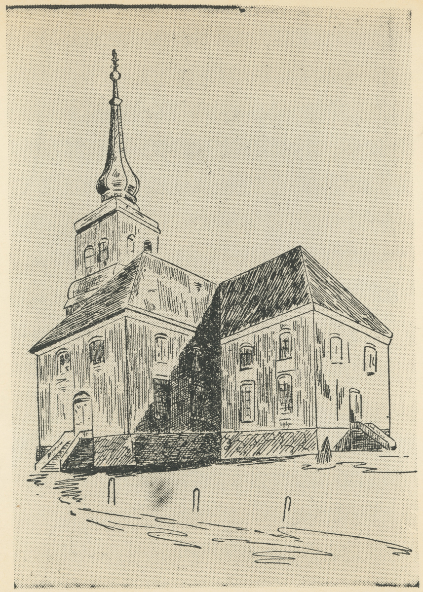Tegning av gamle Moss kirke, reist i 1779, brant ned i 1858.