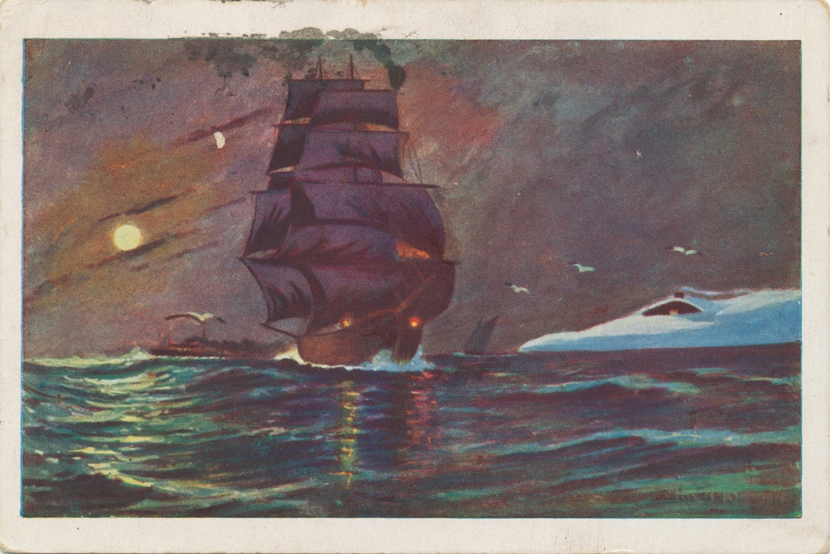 Postkortmotiv av et maleri av ei seilskute som seiler langs snødekt landskap.