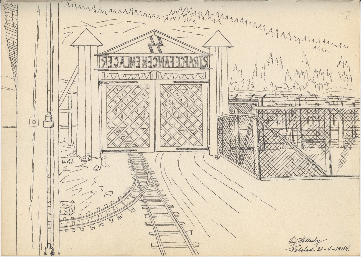 Tegning fra Falstad fangeleir, "Porten". Hovedporten inn til fangeleiren, sett fra innsida. Gjennom porten går det skinneganger til vaskebrakka/sagbruket (mot venstre) og i retning kommandantboligen (nedover). Tegninga er datert 21.04.1944.