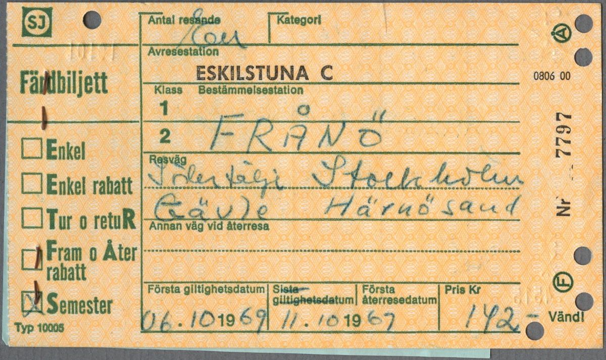 Färdbiljett för en resande i 2:a klass. "Semester" är ikryssat som biljettyp. Biljetten var giltig mellan 1969-10-06 och 1969-10-11 från avresestation Eskilstuna C till Frånö med resvägen Södertälje, Stockholm, Gävle och Härnösand.  Biljetten kostade 142 kronor. På biljettens baksida finns resevillkor samt plats för att notera uppehåll med mera. Det finns även ett tilläggsblad för semesterbiljett. Biljetten är klippt.