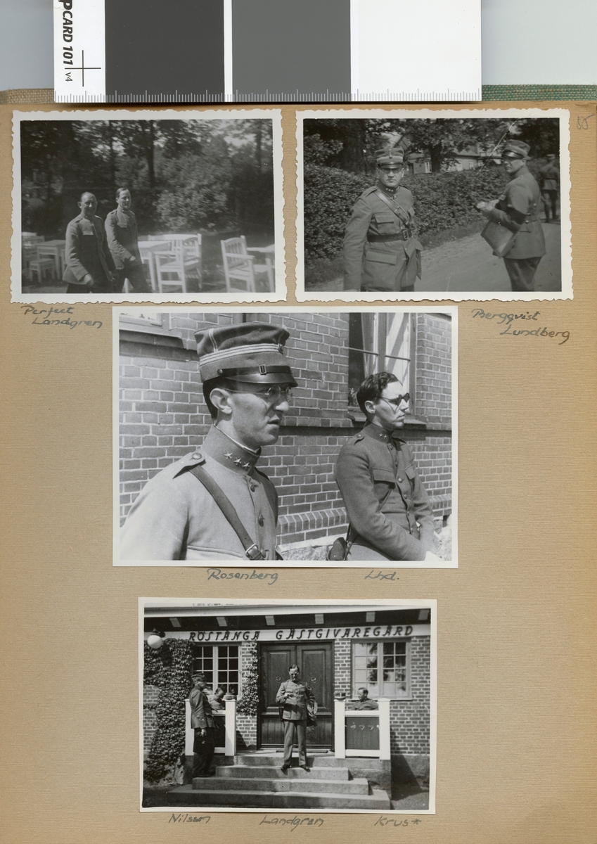 Text i fotoalbum: "1936 juni. Intendentur-fältövningen i Röstånga. Nilsson, Landgren, Krus*".