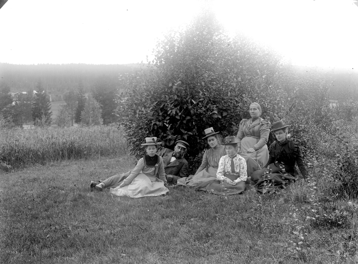 Familiegruppe, piknik i det grønne. Familien Andreas og Lise Hafnor, Høymo/Høimo