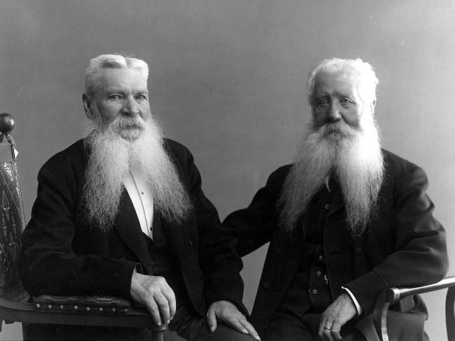 Två vithåriga äldre män med långa, vita och delade skägg.