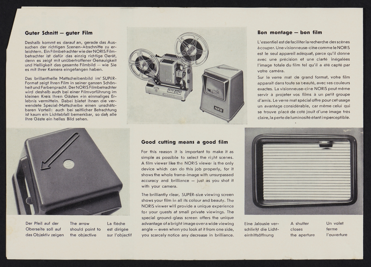 Noris Filmbetrachter produsert av Ernst Plank KG og ble laget for 8mm. film. Den fungerer slik at en filmprojektor projiserer inn i vinduet på siden av filmbetrakteren, som speiler videre til filmbetrakterens visningsskjerm.