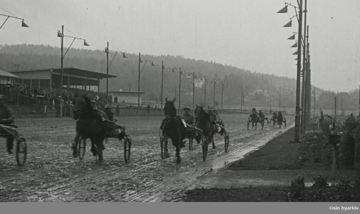 Travløp på Bjerke travbane i regnvær.