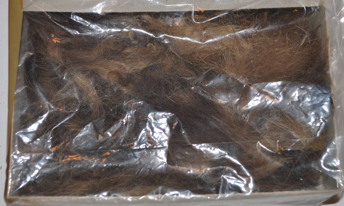 Halm samlat i ett litet knippe, ombundet med ett snöre. Bruna pälsfragment från djur. Pälsen ligger i en låda tillsammans med APXP 23 (ben). Lådan är omsluten av plast.