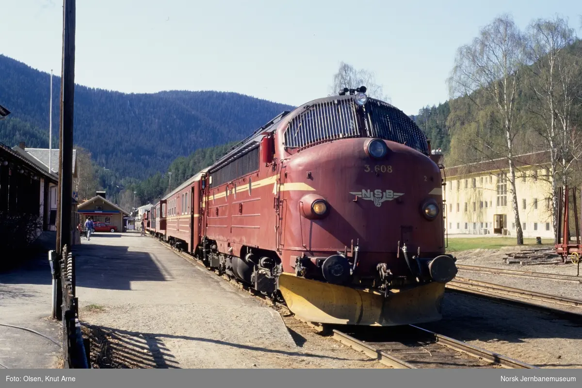 Diesellokomotiv Di 3 608 med persontog til Oslo S, tog 282, på Fagernes stasjon