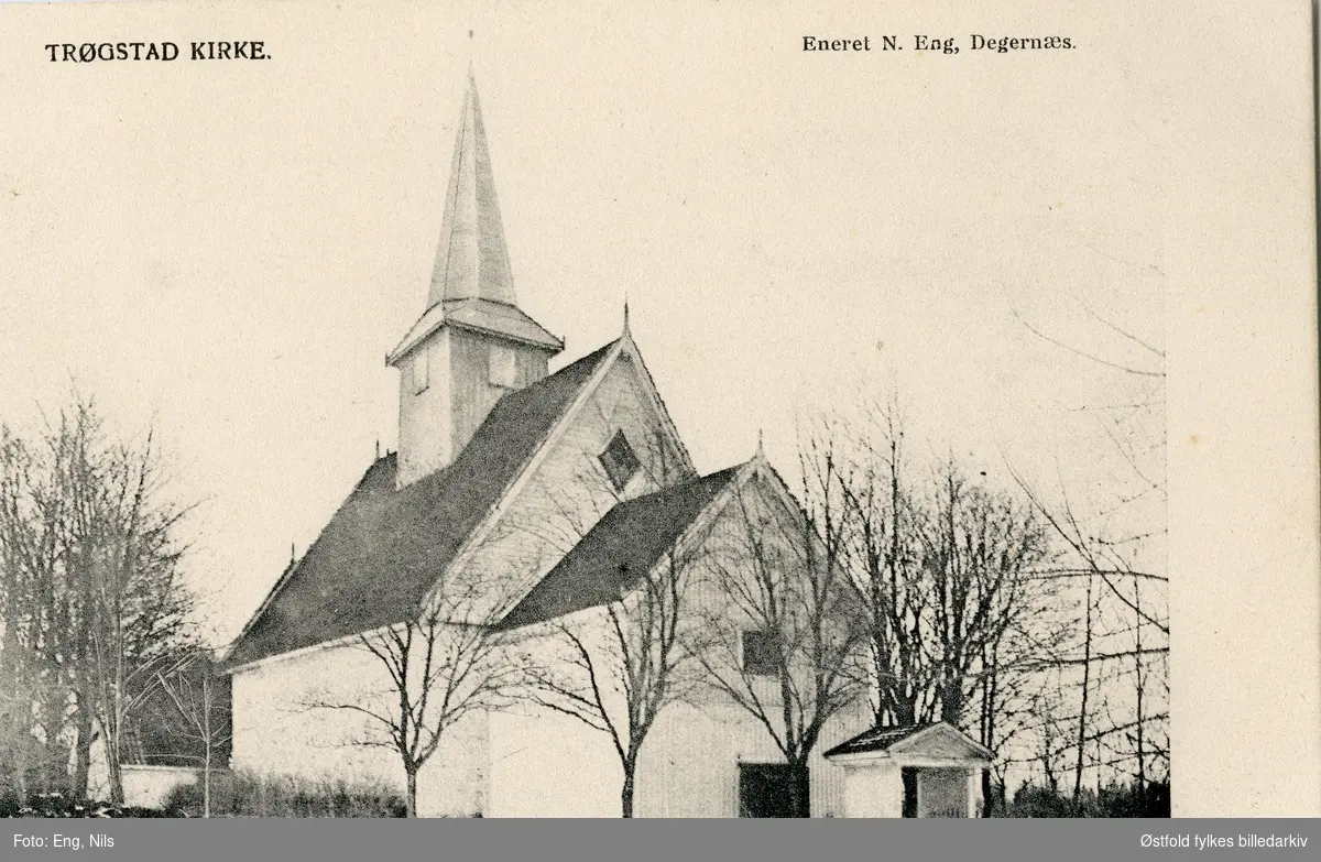 Trøgstad kirke, før 1904, eksteriør. Postkort.