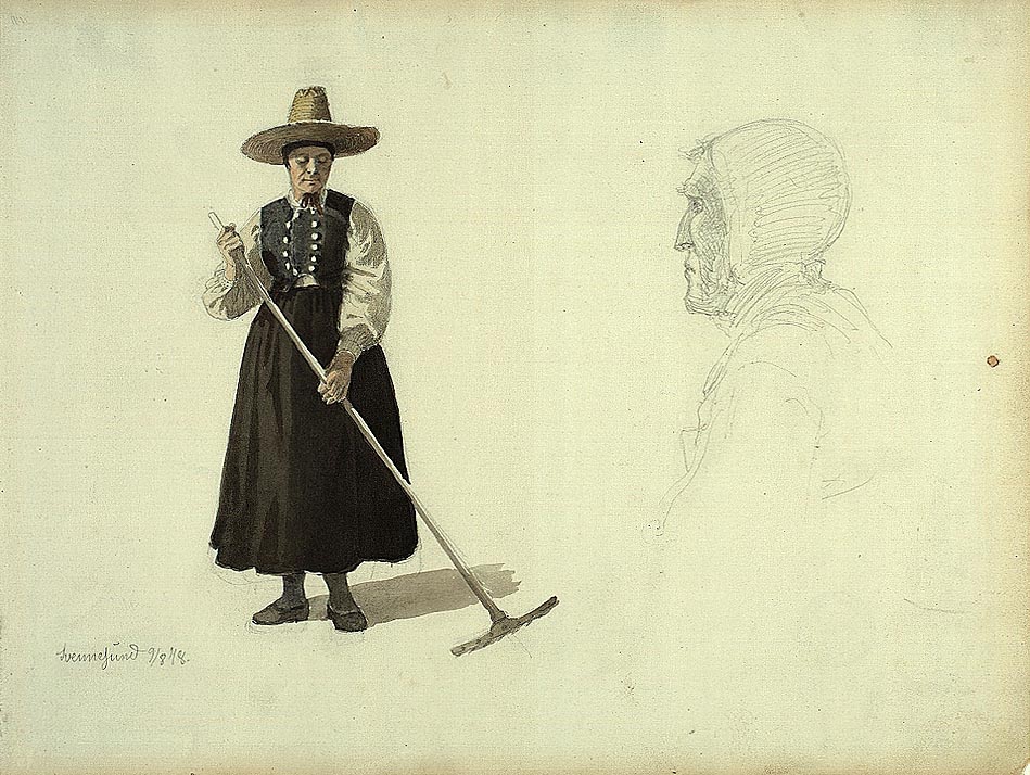 Kvinne som raker; gammel kone, Svennesund [Tegning]