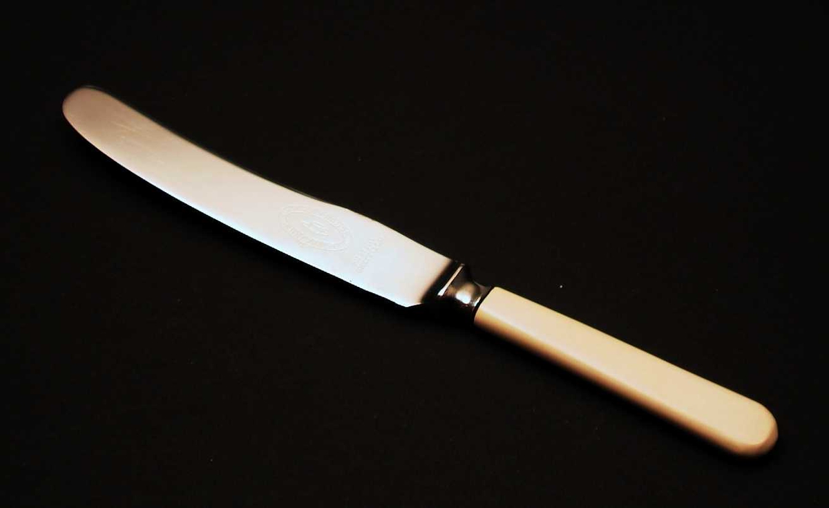 Bordkniv i stål med beige skaft i kunsstoff.